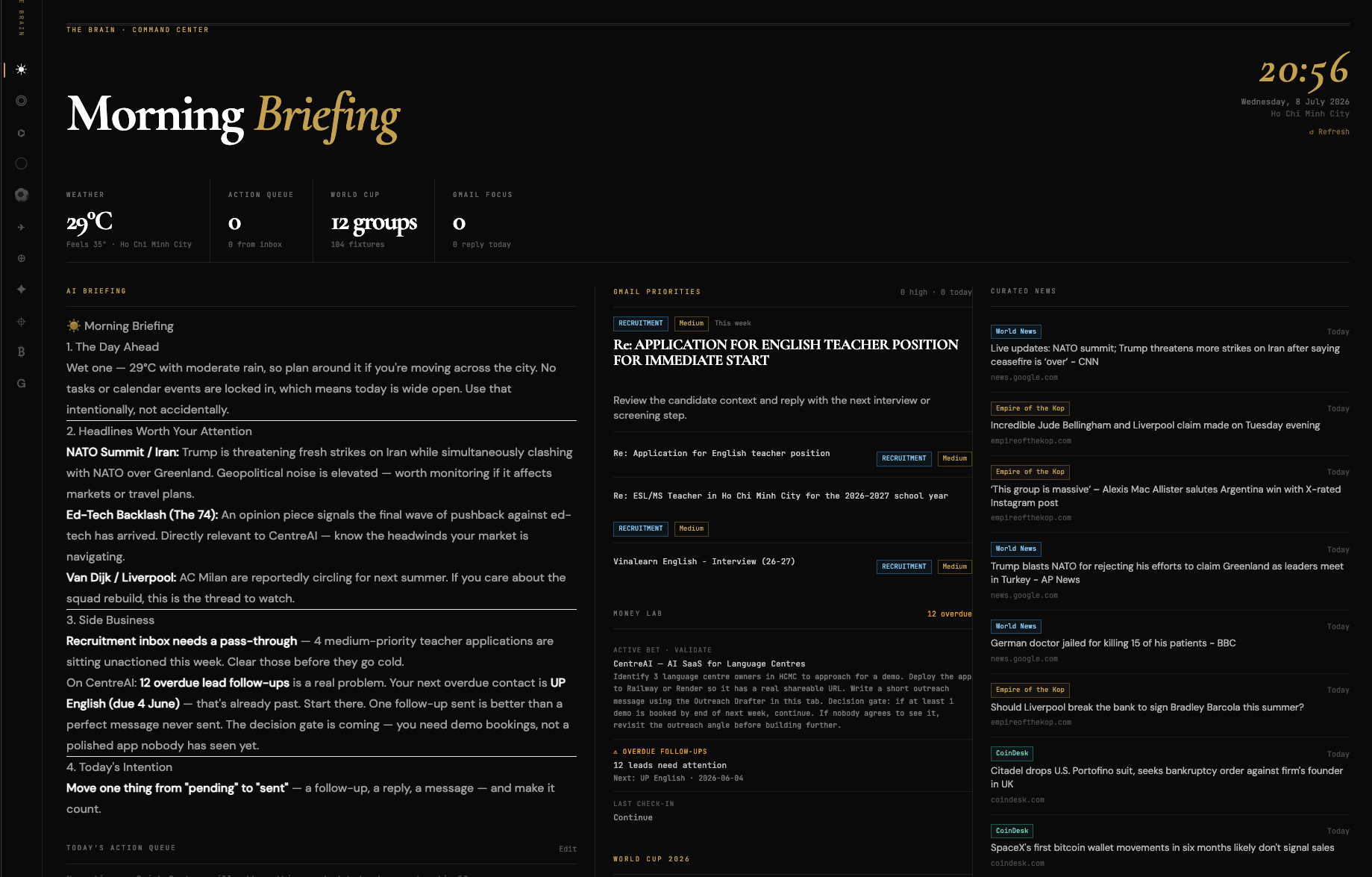 Morning Briefing — daily AI-generated rundown across news, recruitment, and CentreAI follow-ups